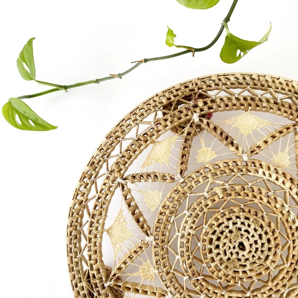 Vintage Woven Footed Trivet / Round Basket Wall Decor / Wicker Candleholder Boho